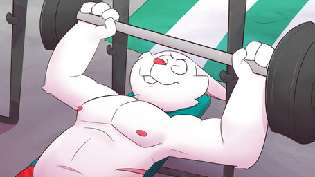 anthro exercise eyes_closed fur male nipples scar solo white_body white_fur workout leothelionel the_human_heart_(game) ace_cottontail lagomorph leporid mammal rabbit 16:9 2020 widescreen