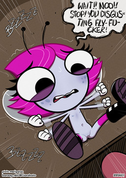 antennae_(anatomy) anthro blush bodily_fluids boots clothing dialogue duo female female_focus flat_chested footwear forced freckles genitals gloves hair handwear imminent_rape imminent_sex legwear male navel nipples onomatopoeia open_mouth penis penis_tip pink_hair shoes sound_effects speech_bubble stockings sweat teeth text tongue vulva wings young young_anthro young_female young_focus garabatoz disney the_buzz_on_maggie maggie_pesky arthropod fly_(animal) human insect mammal 2022 english_text hi_res