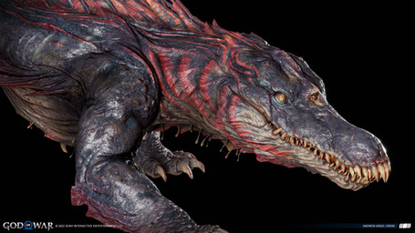 ambiguous_gender black_background blue_body blue_scales claws close-up copyright_symbol dark_body dark_scales feral gills logo orange_sclera overbite pupils quadruped scales scar simple_background slit_pupils snout solo spines symbol teeth text visible_teeth yellow_eyes andrew_ariza god_of_war god_of_war_ragnarok mythology sony_corporation sony_interactive_entertainment crocodilian dragon dreki_(gow) monster mythological_creature mythological_scalie reptile scalie 2022 3d_(artwork) absurd_res artist_name concept_art copyright_name detailed digital_media_(artwork) hi_res official_art