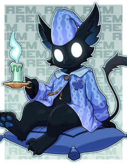 3_toes 4_fingers accessory anthro barefoot beak beak_closed big_ears biped black_beak black_body black_feathers black_tail black_tail_tuft blue_clothing blue_hat blue_headgear blue_headwear blue_inner_ear blue_pajamas blue_pawpads blue_topwear bottomless bottomless_anthro bottomless_male candle candlestick chain_accessory cheek_tuft claws clothed clothed_anthro clothed_male clothing crescent_moon empty_eyes facial_tuft feathers feet finger_claws fingers glowing glowing_eyes glowing_inner_ear hat headgear headwear hindpaw holding_candle holding_object looking_at_viewer male moon mouth_closed nightcap on_pillow open_clothing open_topwear pajamas pattern_clothing pattern_hat pattern_headgear pattern_headwear pattern_pajamas pattern_topwear pawpads paws pillow semi-anthro simple_background sitting sitting_on_pillow sleepwear solo tail tail_tuft text three-quarter_view toe_claws toes topwear tuft white_eyes young young_anthro young_male budoti deadlock_(game) mythology valve rem_(deadlock) avian bird chimera dream_creature gryphon mythological_avian mythological_creature 2026 absurd_res hi_res