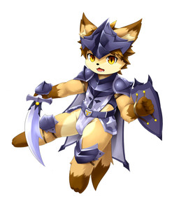 anthro armor cute_fangs fangs looking_at_viewer male melee_weapon open_mouth shield solo sword teeth weapon yellow_eyes young rann canid canine mammal 2016