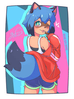 anthro biped blep blue_hair blush bottomwear brown_body brown_fur claws clothed clothing dipstick_tail female fur hair heart_symbol jacket looking_at_viewer looking_back looking_back_at_viewer markings one_eye_closed rear_view shirt shorts simple_background solo standing tail tail_markings tank_top text tongue tongue_out topwear wink winking_at_viewer gafu0320real brand_new_animal studio_trigger michiru_kagemori canid canine mammal raccoon_dog tanuki 2025 3:4 copyright_name hi_res portrait three-quarter_portrait