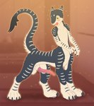 3_fingers animal_genitalia balls blush erection fingers french_artist fur genitals green_eyes male open_mouth penis sheath solo striped_body striped_fur stripes tail teeth tongue white_body white_fur chokodonkey conditional_dnp sergal sergal_taur taur absurd_res hi_res