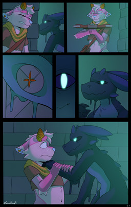 ambiguous_gender anthro armor brick brick_wall clothing clothing_grab crossbow duo glowing glowing_eyes hole_in_chest male ranged_weapon scabbard scarf shooting slime wall_(structure) weapon wood queenrupti cotton_le_sergal_(character) deer goo_creature mammal absurd_res comic hi_res