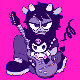 angry anthro black_hair bone bottomwear clothing duo electric_guitar eyelashes feet female footwear guitar hair holding_character horn larger_female lidded_eyes musical_instrument pants pawpads pink_background plucked_string_instrument shoes simple_background sitting size_difference skull smaller_female spade_tail string_instrument tail nekozneko onegai_my_melody parappa_the_rapper sanrio sony_corporation sony_interactive_entertainment um_jammer_lammy kuromi rammy_lamb bovid caprine demon lagomorph leporid mammal rabbit sheep 1:1 2020 crossover icon restricted_palette