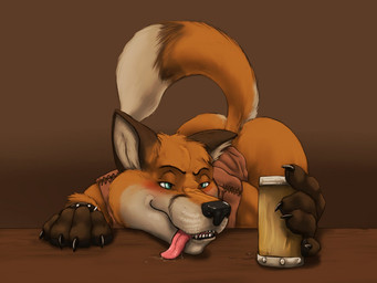 anthro blue_eyes blush bottomless bracelet butt claws clothed clothing container cup drunk furniture jewelry male raised_tail simple_background solo substance_intoxication table tail teeth tongue tongue_out lizardlars canid canine fox mammal 4:3 digital_media_(artwork)