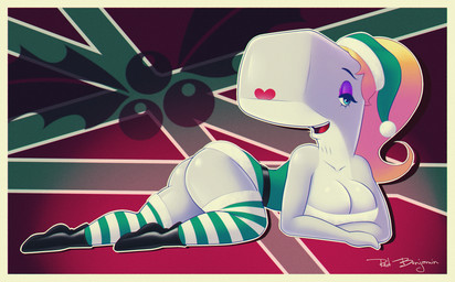 anthro bedroom_eyes blonde_hair breasts butt cleavage clothed clothing elf_hat female hair holidays legwear lipstick makeup narrowed_eyes presenting presenting_hindquarters seductive solo thigh_highs sirredbenjamin christmas nickelodeon spongebob_squarepants pearl_krabs aquatic cetacean mammal physeteroid sperm_whale toothed_whale whale hi_res