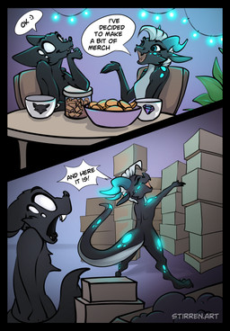 6_eyes anthro box chair christmas_decorations christmas_lights claws container cookie cup dialogue duo empty_eyes fangs fangs_bared female food furniture glowing glowing_horn glowing_spots horn long_tail male male/female mohawk multi_eye open_mouth plant sitting speech_bubble spots standing table tail teeth text toe_claws stirren canid canine fox kobold mammal scalie comic english_text hi_res
