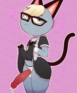 animal_genitalia animal_penis anthro big_penis blonde_hair bodily_fluids clothed clothing cum cum_drip cum_string dripping erection eyewear feline_genitalia feline_penis femboy fur genital_fluids genitals glasses green_eyes grey_body grey_fur hair heterochromia huge_penis humanoid_genitalia humanoid_penis hybrid_genitalia hybrid_penis looking_at_viewer maid_uniform male panties penis simple_background solo underwear uniform yellow_eyes lurkin animal_crossing nintendo raymond_(animal_crossing) domestic_cat felid feline felis mammal 2023 absurd_res hi_res