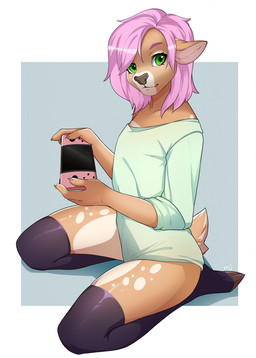 anthro biped black_nose border claws clothed clothing cloven_hooves colored_nails comfy controller countershade_face countershade_fur countershading electronics eyebrows femboy finger_claws fingernails fingers freckles fur game_console game_controller glistening glistening_hair green_eyes hair handheld_console holding_controller holding_game_controller holding_handheld_game_console holding_nintendo_switch holding_object hooves kneeling leggings legwear looking_at_viewer male markings nails off_shoulder outside_border pink_claws pink_eyebrows pink_fingernails pink_hair pink_nails scut_tail short_tail simple_background solo spots spotted_body spotted_fur spotted_legs spotted_markings spotted_shoulders stockings tail underhoof white_border mojaloo nintendo nintendo_switch sammi_(sammi_kay) deer mammal digital_media_(artwork) hi_res shaded