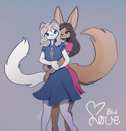 black_hair blind blue_eyes brown_body brown_fur clothed clothing disability dress duo female fully_clothed fur grey_hair hair holidays hug simple_background white_body white_fur feretta valentine's_day olivia_scarrvender vakri_stimmur canid canine domestic_cat felid feline felis fennec_fox fox mammal true_fox digital_media_(artwork) hi_res