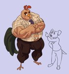 anthro big_bulge big_butt big_muscles blush bulge butt feathers huge_muscles larger_male looking_at_another looking_away male male/male muscular muscular_male necktie office_clothing size_difference smaller_male tail tail_feathers vaniwall chicken_little_(2005) disney buck_cluck avian bird canid canine canis chicken domestic_dog galliform gallus_(genus) mammal phasianid absurd_res hi_res huge_filesize