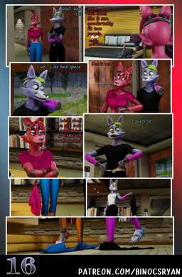 accessory anthro blue_clothing clothed clothed_anthro clothed_breasts clothed_female clothed_male clothing crossgender dialogue duo ear_piercing female female_anthro fingers ftm_crossgender fully_clothed fully_clothed_anthro fully_clothed_female fully_clothed_male gradient_background green_hair hair headband laugh machine male male/female male_anthro midriff mtf_crossgender open_mouth piercing removing_shirt simple_background text topless topless_anthro topless_male undressing undressing_self binocszoomx10 disembowell_(modeler) red-eye_(modeler) five_nights_at_freddy's five_nights_at_freddy's:_security_breach scottgames steel_wool_studios fan_character fanmade_glamrock_foxy_(fnaf) glamrock_foxy_(fnaf) roxanne_wolf animatronic canid canine canis fox mammal robot wolf 3d_(artwork) comic digital_media_(artwork) english_text hi_res url