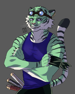 alternate_species anthro clothing eyewear eyewear_on_head fur furrification goggles goggles_on_head green_body green_fur male melee_weapon shirt solo sword tail tank_top topwear weapon xmor_adox one_piece roronoa_zoro felid feline mammal pantherine tiger 4:5 absurd_res hi_res