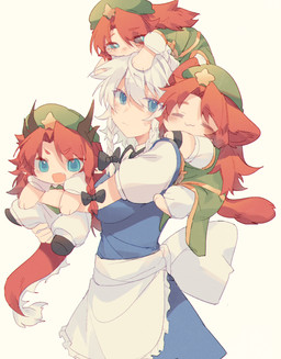 asian_clothing biped braided_hair chinese_clothing chinese_dress clothing dress duo east_asian_clothing female hair maid_uniform red_hair slim_female slim_human slim_humanoid uniform white_hair young zibao999 touhou hong_meiling sakuya_izayoi animal_humanoid demon domestic_cat felid feline felis humanoid mammal 2022 absurd_res hi_res