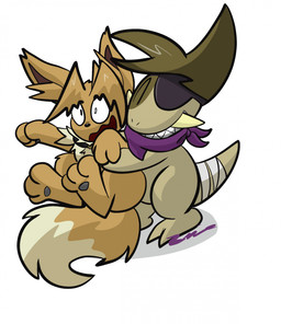 ambiguous_gender bandage biped black_cape black_clothing black_eyes black_nose brown_body brown_hair cape clenched_teeth clothing duo eye_patch eyes_closed eyewear feral fluffy fluffy_tail hair hug hugging_another inner_ear_fluff neck_tuft one_eye_obstructed open_mouth open_smile pawpads paws purple_scarf quadruped scarf sharp_teeth simple_background smile standing tail teeth tuft tusks white_background white_sclera virmir nintendo pokemon virmir_(character) zinc_(zincxiron) axew eevee generation_1_pokemon generation_5_pokemon pokemon_(species) 2026 hi_res signature