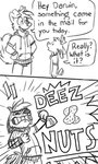 anthro clothing dialogue duo food hoodie humor joke male simple_background text topwear white_background tinydeerguy deez_nuts darwin_(tinydeerguy) matt_riskely canid canine canis deer domestic_dog mammal comic english_text hi_res monochrome