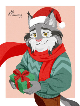 abstract_background anthro bottomwear box christmas_clothing christmas_headwear claws clothing container gift_box hat headgear headwear holidays male pants santa_hat scarf smile smiling_at_viewer solo sweater topwear oravert69522 christmas disney zootopia pawbert_lynxley felid feline lynx mammal 3:4 hi_res