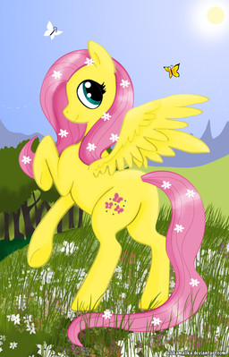cutie_mark feathered_wings feathers female feral flower fur grass hair long_hair looking_back outside pink_hair plant quadruped sky smile solo sun tail teal_eyes text tree wings yellow_body yellow_feathers yellow_fur alukamalika friendship_is_magic hasbro my_little_pony mythology fluttershy_(mlp) arthropod butterfly equid equine insect lepidopteran mammal mythological_creature mythological_equine pegasus 2013 absurd_res english_text hi_res