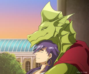 anthro chin_on_head clothed clothing detailed_background duo ear_fins ear_piercing ear_ring eyes_closed fin fin_piercing furgonomic_piercing furgonomics green_body green_scales hair head_fin hoop_ear_ring hug hugging_another hugging_from_behind human_on_anthro interspecies leaning_on_another long_hair male male/male piercing plant purple_hair ring_piercing romantic romantic_couple scales sky sunset text intp-vs-magi magi:_the_labyrinth_of_magic mythology drakon_(magi) sinbad_(magi) dragon human mammal mythological_creature mythological_scalie reptile scalie wingless_dragon 2018 artist_name digital_media_(artwork)