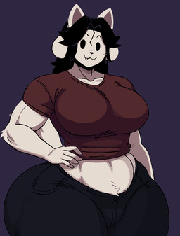 4_ears abs anthro arm_tuft biceps big_breasts big_butt black_hair bottomwear breasts butt clothing crotch_tuft cute_fangs denim denim_bottomwear denim_clothing elbow_tuft fangs female fur hair huge_hips huge_thighs hyper hyper_hips hyper_thighs jeans midriff multi_ear muscular muscular_anthro muscular_arms muscular_female pants shirt simple_background simple_eyes solo t-shirt tail teeth thick_thighs tight_bottomwear tight_clothing tight_jeans tight_pants tight_shirt tight_topwear toony toony_eyes topwear tuft white_body white_fur whitebody wide_hips ephemeralscourg undertale undertale_(series) temmie_(undertale) mammal temmie_(species) hi_res