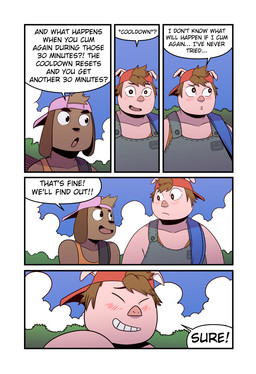 anthro backpack_strap backwards_baseball_cap backwards_hat baseball_cap blush brown_body brown_hair clothing cloud cloudy_sky dialogue duo eye_contact eyes_closed five_frame_image floppy_ears frown hair hat headgear headwear long_ears looking_at_another male orange_clothing orange_shirt orange_topwear outside overalls pink_body pink_clothing pink_hat pink_headwear questioning red_clothing red_hat red_headwear shirt sky smile smiling_at_viewer speech_bubble text topwear t0l0k octavio_(t0l0k) roy_(t0l0k) canid canine canis domestic_dog domestic_pig mammal suid suine sus_(pig) comic english_text hi_res multiple_scenes