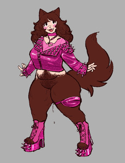 alternative_fashion anthro blush blush_lines bodily_fluids bottomless bottomless_anthro bottomless_female brown_body brown_fur brown_hair choker clothed clothing cross cross_necklace female footwear fur genital_fluids glamrock grey_background hair high_heels inverted_cross jacket jewelry leaking leather leather_clothing leather_jacket leather_topwear long_hair necklace open_mouth open_smile pussy_juice_leaking shoes simple_background slightly_chubby slightly_chubby_anthro slightly_chubby_female smile solo spiked_clothing spiked_footwear spiked_jewelry spiked_shoes spikes thick_thighs topwear vaginal_fluids wide_eyed wide_hips wonderslug mythology pepper_(wonderslug) canid canine mammal mythological_canine mythological_creature werecanid werecanine werecreature werewolf
