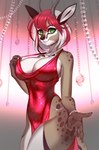 2023 5_fingers antelope anthro bovid breasts clothed clothing digital_media_(artwork) dress eyebrows eyelashes female fingers gazelle green_eyes hair hi_res looking_at_viewer mammal nitricacid red_hair smile solo white_hair