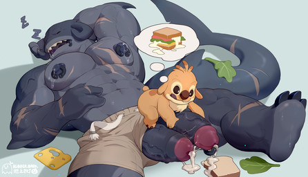 2_penises 3_fingers 3_toes 4_fingers abs alternate_form antennae_(anatomy) barazoku bodily_fluids bottomwear bread cheese chest_tuft clothing cum cum_on_food cum_on_ground dairy_products diphallism dipstick_antennae duo facial_piercing feet fingers food fur genital_fluids genital_piercing genitals glans humanoid_genitalia humanoid_penis larger_male lettuce lip_piercing long_tail male multi_genitalia multi_penis multicolored_antennae muscular muscular_male nipple_piercing nipples pecs penis penis_piercing piercing plant prince_albert_piercing purple_tongue red_nose sandwich_(food) scar shorts size_difference sleeping small_tail sound_effects tail thought_bubble toes tongue tongue_out tuft vegetable vein veiny_penis vowelless vowelless_sound_effect yellow_body yellow_fur zzz rubberbark disney lilo_and_stitch gantu reuben_(lilo_and_stitch) alien experiment_(lilo_and_stitch) hi_res