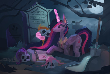 anniversary bone book cemetery collar feathered_wings feathers female feral grimdark group hair holidays horn levitating_object light magic moonlight multicolored_hair night pink_hair purple_hair rainbow_hair shovel skull tombstone tools unicorn_horn wings hoofindust friendship_is_magic halloween hasbro my_little_pony mythology mane_six_(mlp) twilight_sparkle_(mlp) equid equine horse mammal mythological_creature mythological_equine pony winged_unicorn hi_res