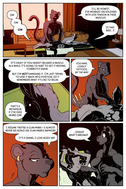 anthro barefoot bed border breasts dialogue duo ear_piercing ear_ring exclamation_point feet female fur furniture furry_tail lamp massage massage_table nude piercing ring_piercing sofa table tail text tissue white_border worried rick_griffin ideka sakitori canid canine canis felid mammal pantherine wolf 2024 2:3 comic english_text hi_res