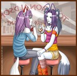 alternative_fashion anthro blue_eyes border brown_border charm_(jewelry) city clothed clothing crossdressing duo female femboy fur glamfur green_eyes hair j-fashion legwear male purple_hair tail town adr animal_humanoid canid canine fox humanoid mammal 2003 digital_media_(artwork)