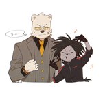 anthro bracelet clothing duo eyewear gloves handwear jewelry male necktie simple_background size_difference suit sunglasses text tracksuit amakawakanata odd_taxi sekiguchi_(odd_taxi) yano_(odd_taxi) bear mammal polar_bear porcupine rodent ursine hi_res japanese_text