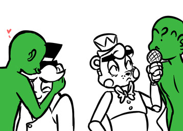 anthro bow_(feature) bow_tie clothing electronics group hat headgear headwear heart_symbol holding_microphone holding_object kissing machine male microphone simple_background top_hat white_background inkyfrog five_nights_at_freddy's five_nights_at_freddy's_2 scottgames anon toy_freddy_(fnaf) animatronic bear human mammal robot 2016 partially_colored