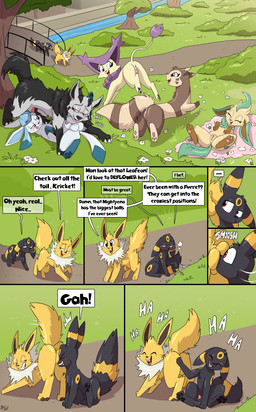animal_genitalia anus ball_sniffing balls balls_on_face black_balls chasing dialogue feet female feral flower genitals group happy male male/male park paws penis penis_tip plant presenting raised_tail sheath sniffing soles spread_legs spreading submissive submissive_male tail tricked vulva yellow_balls fuf nintendo pokemon dakota_(trepidfox) kalt_(whyvern) kricket_(trepidfox) delcatty eeveelution furret generation_1_pokemon generation_2_pokemon generation_3_pokemon generation_4_pokemon glaceon jolteon leafeon mightyena pokemon_(species) umbreon absurd_res comic hi_res