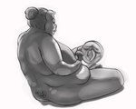 anthro ball_lift balls belly big_balls big_belly big_breasts big_nipples biped breasts butt curled_tail eyebrows eyelashes fangs fingers genitals gynomorph hair hair_bun herm hooved_fingers hooves intersex lips manly mirror nipples nude overweight overweight_anthro overweight_gynomorph overweight_herm overweight_intersex plump_labia pussy rear_view reflection scottish simple_background tail teeth thick_lips thick_thighs granny_fricker darcy_macdonnel domestic_pig hybrid mammal suid suina sus_(pig) wild_boar 2022 5:4 absurd_res digital_drawing_(artwork) digital_media_(artwork) greyscale hi_res monochrome shaded sketch