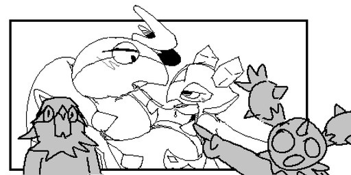 anthro blush bodily_fluids duo female gesture half-closed_eyes hand_gesture making_out narrowed_eyes pointing saliva saliva_on_tongue saliva_string objectfucker nintendo pokemon evangeline_(objectfucker) fawkes_(objectfucker) jo_(objectfucker) tobi_(objectfucker) froslass generation_4_pokemon generation_5_pokemon generation_6_pokemon maractus pokemon_(species) scolipede talonflame monochrome