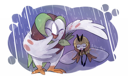 ambiguous_gender blue_background border bow_(feature) bow_tie brown_body brown_feathers duo eyes_closed feathers feral green_body green_feathers leaf_clothing open_mouth open_smile raining scarf shielding simple_background smile stick_calves stick_legs stick_thighs thin_calves thin_legs thin_thighs white_body white_border white_feathers yellow_body artsy-theo nintendo pokemon arthropod avian bird dartrix generation_7_pokemon insect pokemon_(species) ribombee 2016 signature