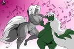 anthro belly big_belly big_breasts breasts butt curvy_figure dancing duo featureless_breasts featureless_crotch female fur green_body green_fur grey_body grey_fur hair huge_belly huge_breasts male multicolored_body multicolored_fur musical_note musical_symbol narrowed_eyes navel nude overweight overweight_male simple_background smile symbol two_tone_body two_tone_fur voluptuous white_body white_fur white_hair wide_hips chrisandcompany chris_t._snuggleskunk kelsey_sienna mammal mephitid skunk 3:2 digital_media_(artwork) hi_res