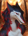 anthro ear_piercing looking_at_viewer male piercing plant red_eyes solo tree lostgoose heni_(character) sergal 2024 4:5 hi_res portrait