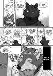 2015 anthro black_body black_fur black_nose blush bodily_fluids canid canine canis cheek_tuft chest_tuft chin_tuft clothed clothing comic dialogue duo ears_up english_text facial_tuft fangs fur grey_body grey_fur greyscale happy hi_res inner_ear_fluff kemono male male/male mammal maririn monochrome neck_tuft nervous open_mouth sharp_teeth shirt smile speech_bubble sweat teeth text tongue tongue_out topless topwear translated tuft white_body white_clothing white_fur white_shirt white_topwear wolf