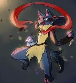 ambiguous_gender anthro attack blue_eyes clothed clothing fur multicolored_body multicolored_fur scarf simple_background solo demira_lilian nintendo pokemon fan_character animal_humanoid canid canine generation_4_pokemon humanoid lucario mammal mammal_humanoid pokemon_(species) absurd_res digital_drawing_(artwork) digital_media_(artwork) hi_res shaded