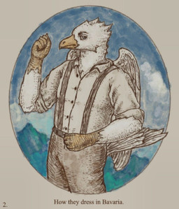 anthro bavaria beak blue_eyes eyebrows feathered_wings feathers german looking_at_viewer male mountain sky solo tail tail_feathers text white_body white_feathers wings reynard_goodfellow accipitrid accipitriform avian bird eagle english_text hi_res