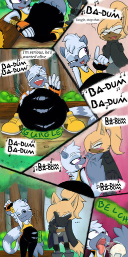 6_panel_comic ambiguous_gender ambiguous_prey anthro blush bone burping burping_up_bones burping_up_object clothing dialogue digestion duo eyes_closed female female_anthro female_pred flirting fur grey_body grey_fur musical_note musical_symbol onomatopoeia outside patting_belly purple_eyes rumbling_stomach skull sound_effects speech_bubble symbol tan_body tan_fur text torn_clothing unwilling_prey vore charlyhorse idw_publishing sega sonic_the_hedgehog_(comics) sonic_the_hedgehog_(idw) sonic_the_hedgehog_(series) tangle_the_lemur whisper_the_wolf canid canine canis lemur mammal primate ring-tailed_lemur strepsirrhine wolf 2026 absurd_res colored comic english_text hi_res