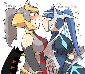 alternate_species armor big_breasts black_wings blue_clothing blue_hair blush bodily_fluids breasts clothing female female/female grey_clothing grey_hair group hair headgear headwear humanized markings overweight overweight_female red_eyes red_spikes spikes striped_markings stripes sweat text trio wings kasugai_(de-tteiu) mythology nintendo pokemon altered_forme_giratina dialga dragon generation_4_pokemon giratina human humanoid legendary_pokemon mammal mythological_creature mythological_scalie pokemon_(species) scalie japanese_text translation_request