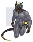 abs anthro armor barazoku biped black_body clothing fingers glistening glistening_body gloves handwear headgear helmet jockstrap long_tail male mechanical_hands mechanical_tail muscular muscular_anthro muscular_male pecs solo tail underwear walking hakidashi_11 humanoid