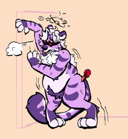 anthro bodily_fluids breath clinging dizzy eyewear eyewear_only fur goggles goggles_only male mane nude panting purple_body purple_fur simple_background slightly_chubby solo sweat toony toony_expression tranquilized tranquilizer uneven_eyes wall_(structure) white_mane wobbling vv0ltz felid mammal pantherine tiger hi_res trans_(lore) trans_man_(lore)