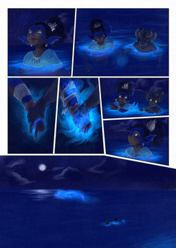 anthro black_body black_fur clothed clothing cloud dark_body ear_fins female fin fur grey_body group hand_holding magic moon night partially_submerged sea sky smile split_form swimming tail trio water bjekkergauken mythology imbali_(bjekkergauken) aquatic humanoid merfolk sea_monster unknown_species 2026 colored comic hi_res