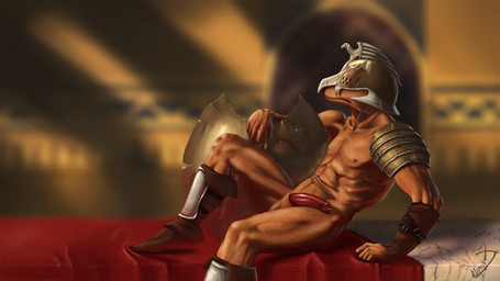 abs animal_genitalia animal_penis anthro arm_support armor balls biceps biped blood blurred_background bodily_fluids boots canine_genitalia canine_penis clothed clothing detailed_background footwear fur genitals gladiator glistening half-erect headgear helmet inside leather male metal mostly_nude muscular muscular_anthro muscular_male nipples pecs penis quads reclining serratus shield shoes side_view sitting solo tan_body tan_fur unconvincing_armor vein warrior nomax canid canine mammal 16:9 detailed widescreen