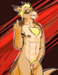 anthro armpit_hair balls biped blonde_hair blue_eyes body_hair chest_hair chest_tuft ear_piercing fur genitals gesture hair hand_gesture happy_trail male middle_finger nipple_piercing nipples nude piercing solo tan_body tan_fur tattoo tongue tuft genchi duncan_(genchi) kangaroo macropod mammal marsupial hi_res